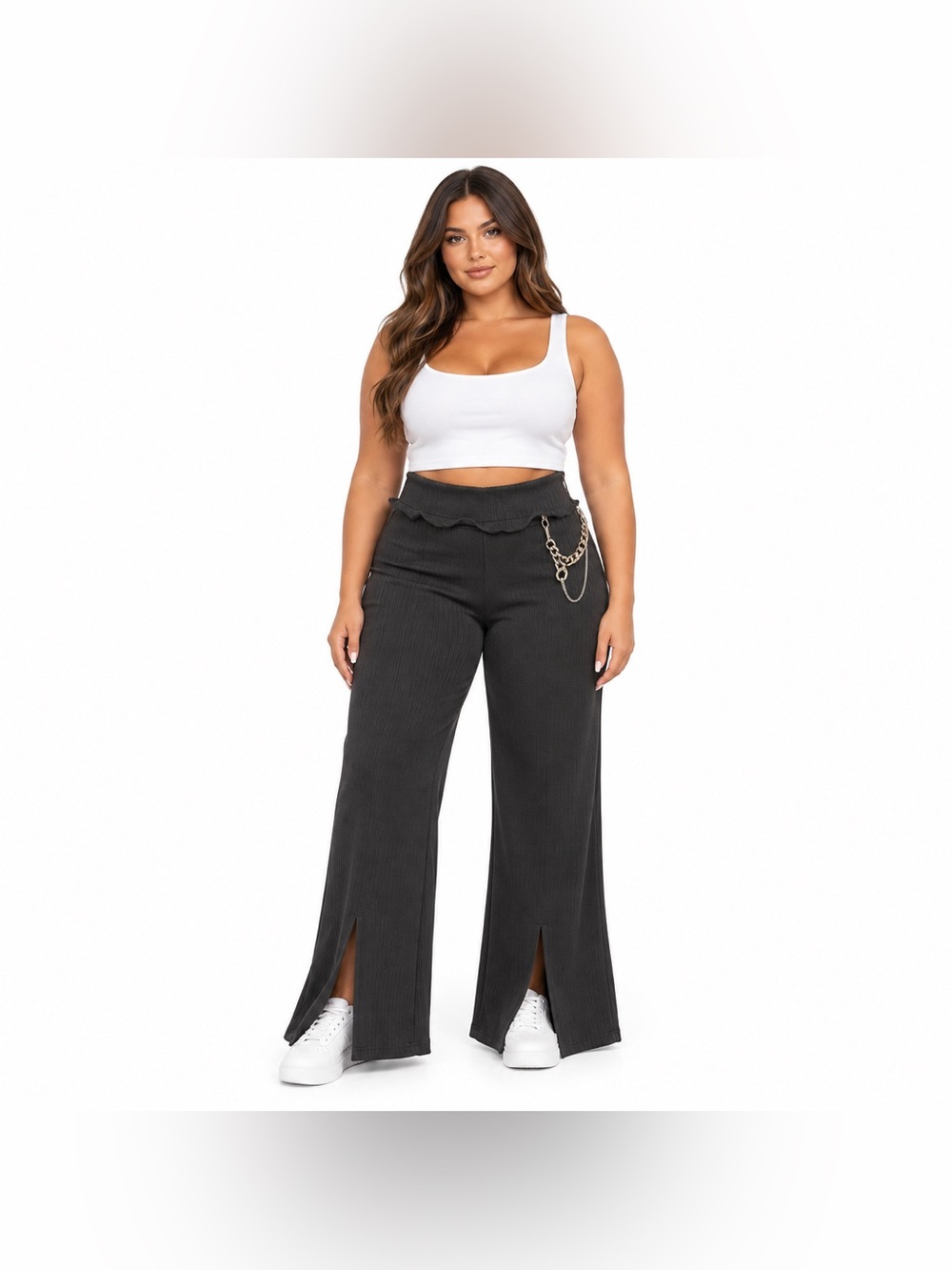 Manière De Voir Black Ribbed Wide Leg Silver Chain Trousers Size 14 NWT